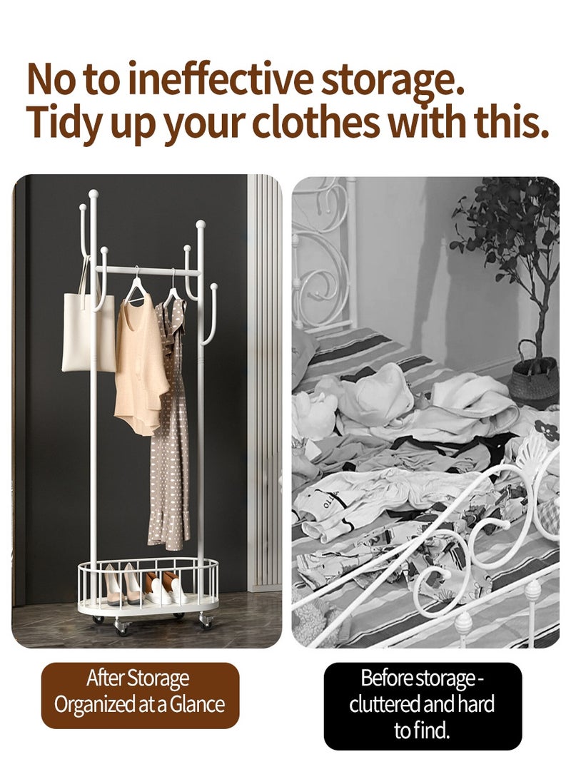 بيروي رف ملابس معدني قابل للدحرجة، رف ملابس معدني بعجلات وسلة تخزين، خطافات على شكل فرع، مناسب لتعليق الملابس والقبعات وحقائب اليد في غرفة المعيشة وغرفة النوم 80 سم - Image 5